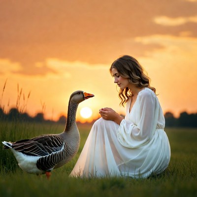 Woman with goose at sunset