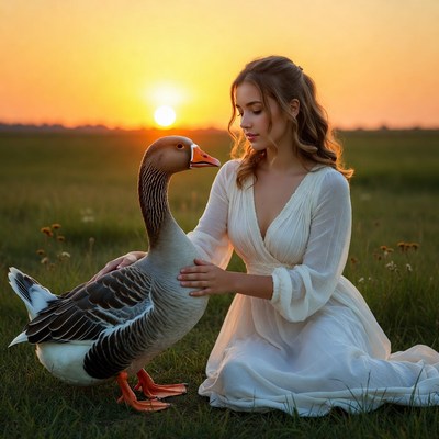 Woman hugging goose at sunset