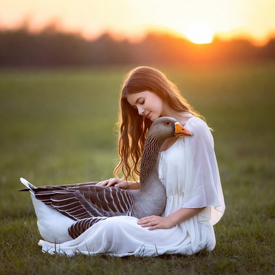 Girl hugging goose in sunset field