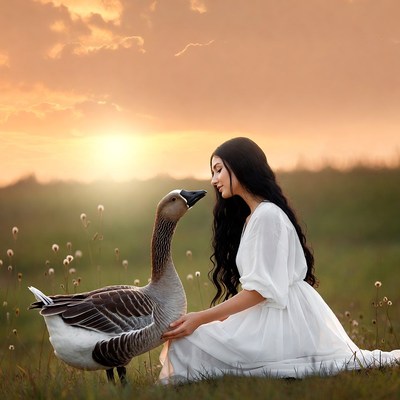 Woman hugging goose in sunset field