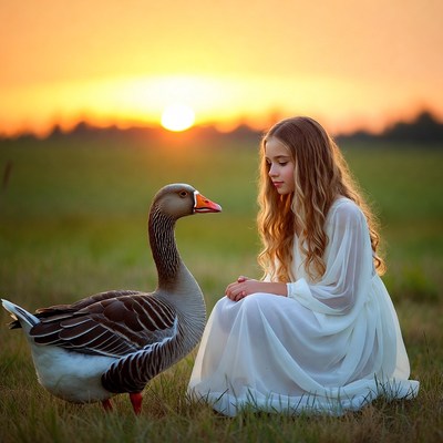 Girl petting goose at sunset