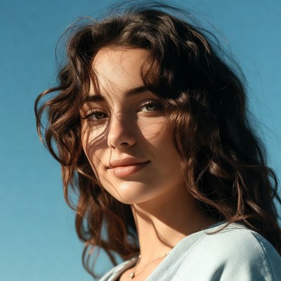 Woman with curly hair smiling outdoors