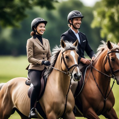 Smiling couple riding horses outdoors