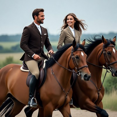 Couple riding horses in field