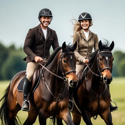 Smiling couple riding horses outdoors
