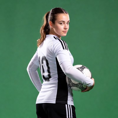 Girl soccer player holding ball