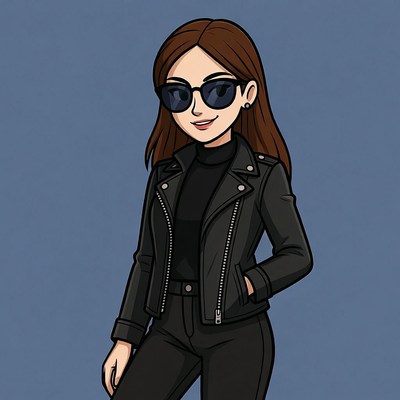 Cartoon woman in black leather jacket