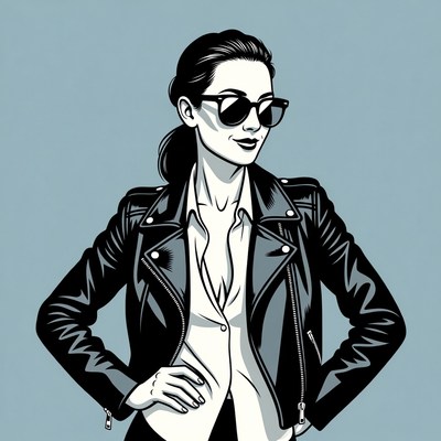 Woman in leather jacket with sunglasses