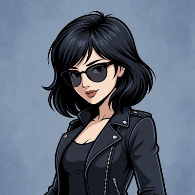 Anime woman in leather jacket and sunglasses