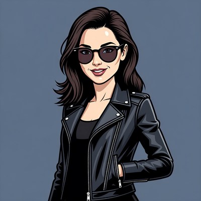 Cartoon woman in leather jacket and sunglasses