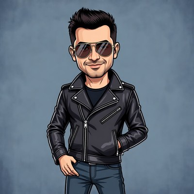 Cartoon man in leather jacket and sunglasses