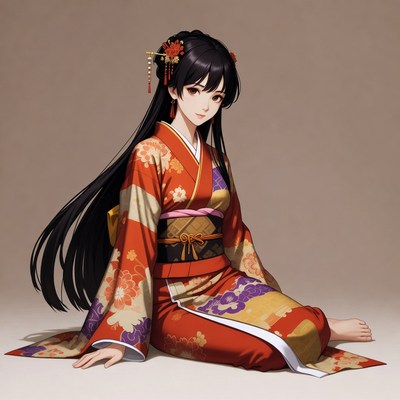 Anime girl in red kimono sitting