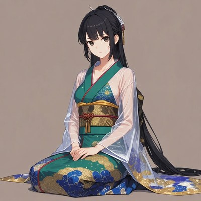Anime girl in green kimono kneeling