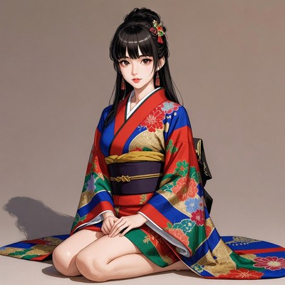 Asian woman in colorful kimono kneeling