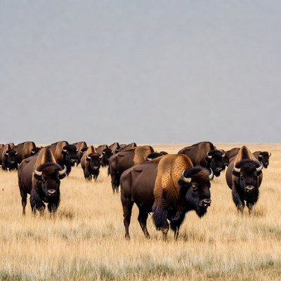 Herd of Bison in Grassland