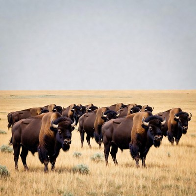 Herd of Bison on Prairie Grassland