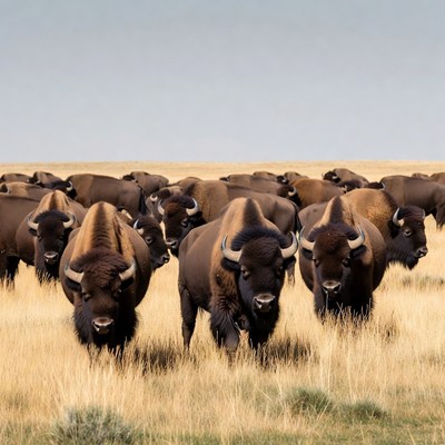 Herd of Bison in Grassland