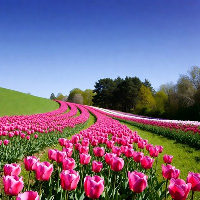 Pink Tulip Fields Under Blue Sky