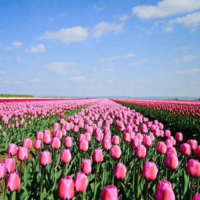 Pink Tulip Field Under Blue Sky