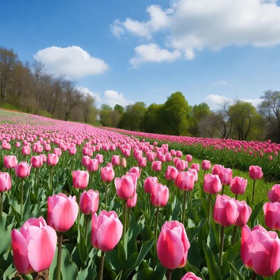 Pink Tulip Field Under Blue Sky