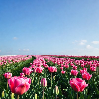 Pink Tulip Field Under Blue Sky