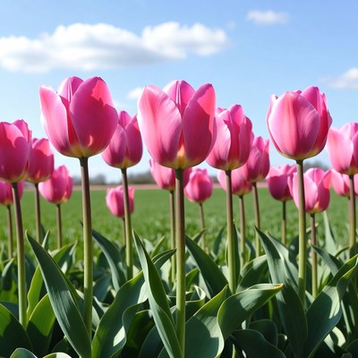 Pink Tulips in Green Field
