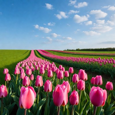 Pink Tulip Field Under Blue Sky