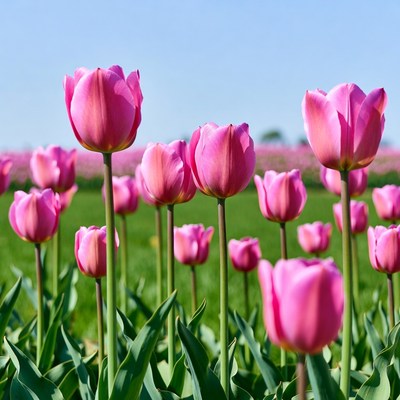 Pink Tulips in Green Field
