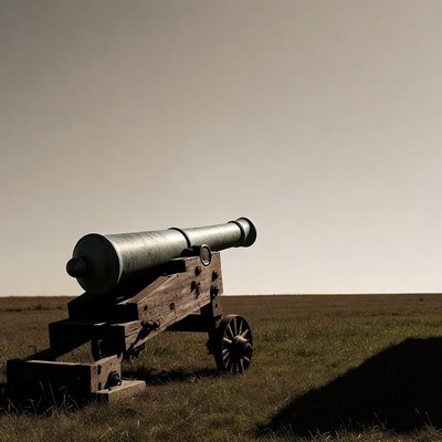 Old cannon on wooden carriage in field