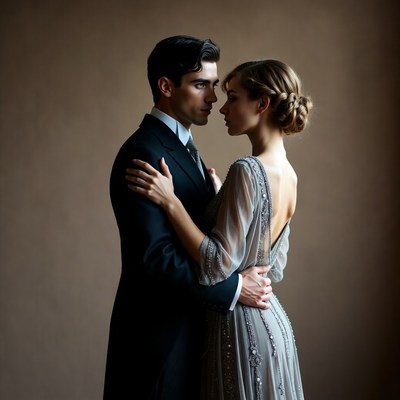 Man embracing woman in vintage attire