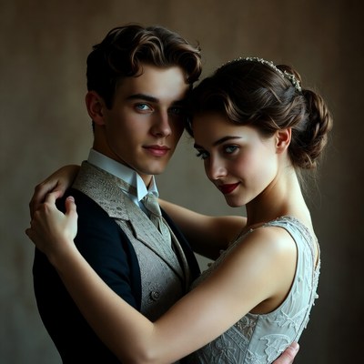 Man embracing woman in vintage attire