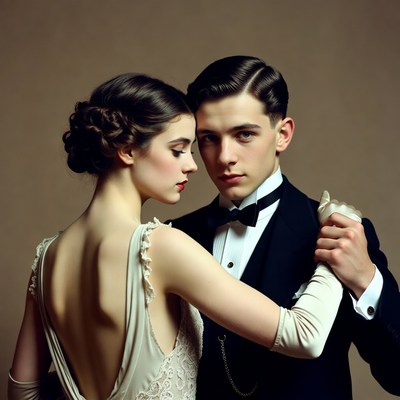 Man and woman in 1920s dance embrace