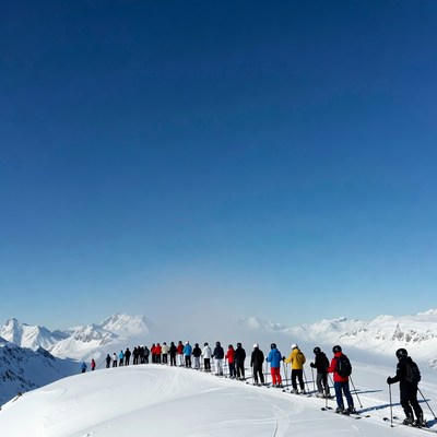 Group of skiers on snowy mountain ridge