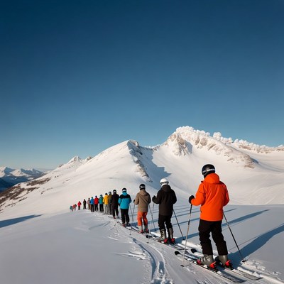 Group of skiers on snowy mountain trail