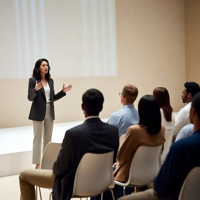 Woman presenting to audience in conference room