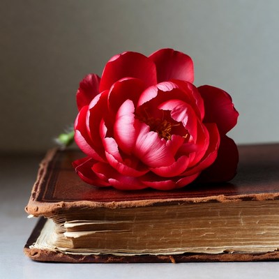 Red Peony on Vintage Book