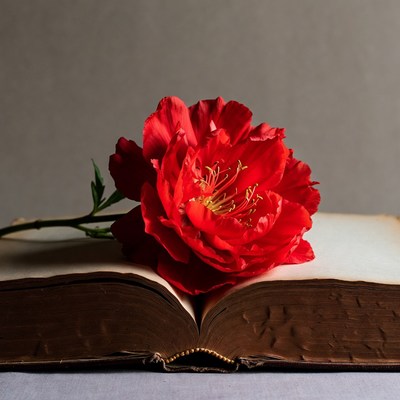 Red Peony Flower on Open Book