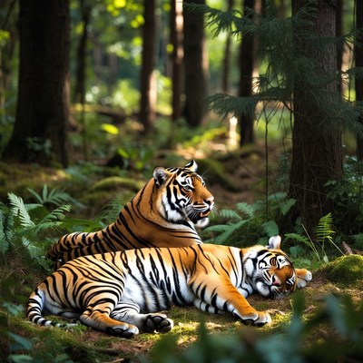 Two Tigers Resting in Forest