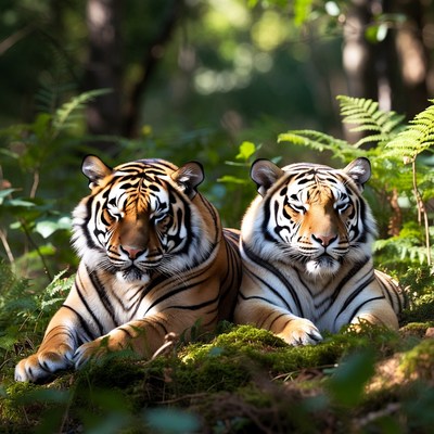 Two Tigers Resting in Forest