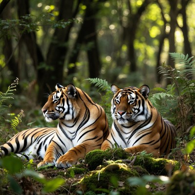 Two Tigers Resting in Forest