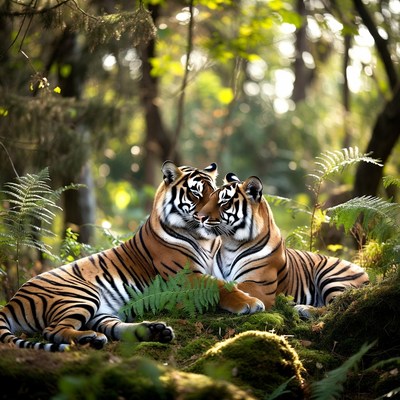 Two Tigers Cuddling in Forest