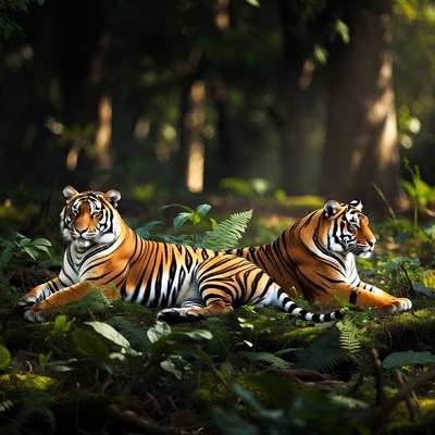 Two Tigers Resting in Jungle