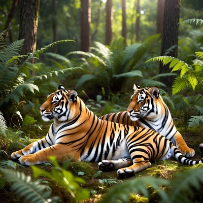 Two Tigers Resting in Forest