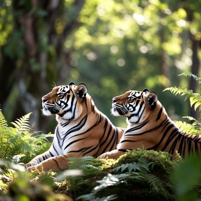 Two Tigers Resting in Forest