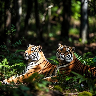 Two Tigers Resting in Forest
