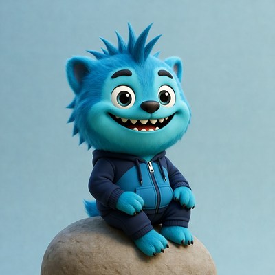 Cute blue furry monster on rock
