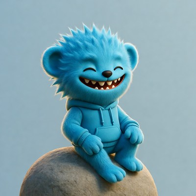 Smiling Blue Furry Monster on Rock