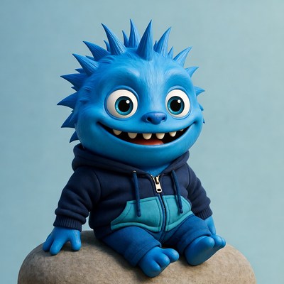 Blue Spiky Haired Cartoon Monster Smiling