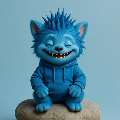 Blue furry wolf smiling on rock