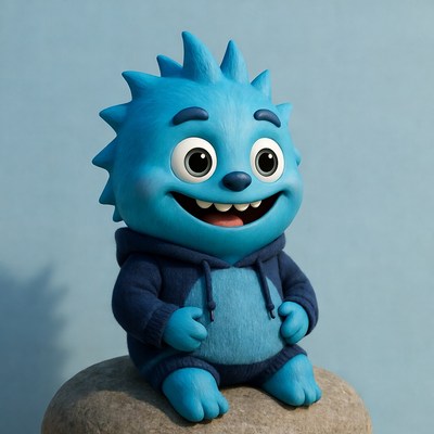 Blue spiky-haired monster sitting on rock